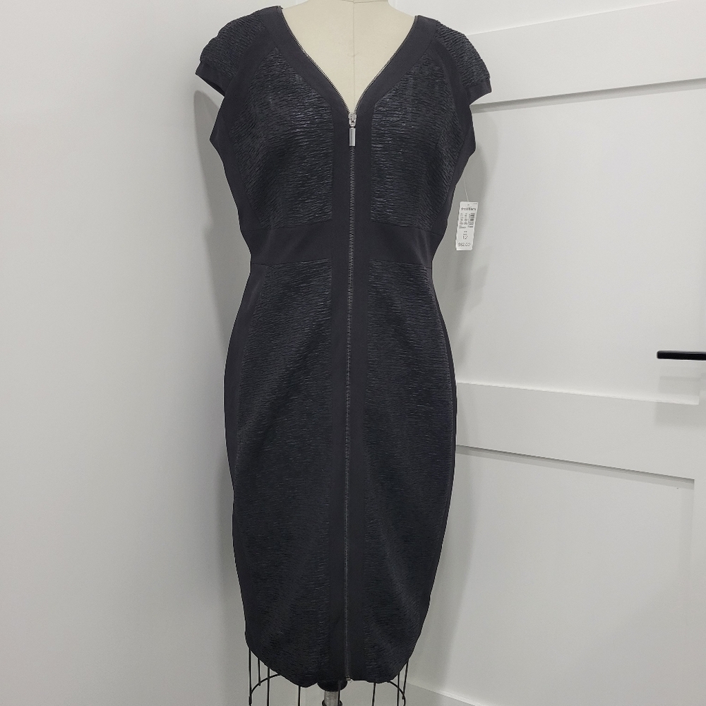 Dressbarn Women's Black Sleeve Front Zipper Mini Dress Size 12 Minimalist Classy